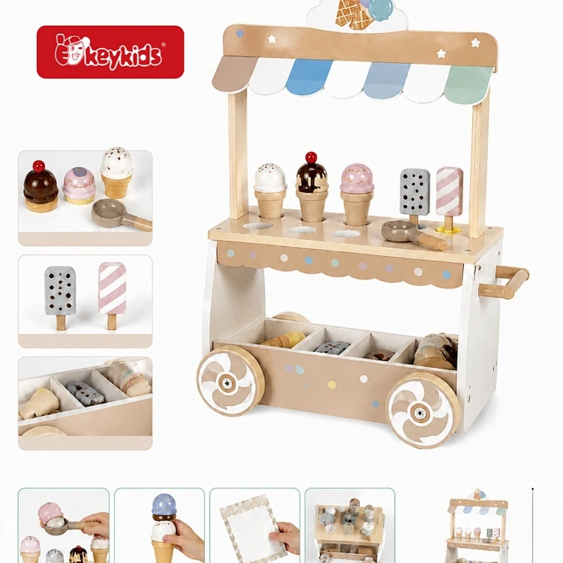 2026 New Wooden Ice Cream Cart Pretend Play Toy Set with Scoop and Assorted Dessert Accessories for Kids Role Play W10A336